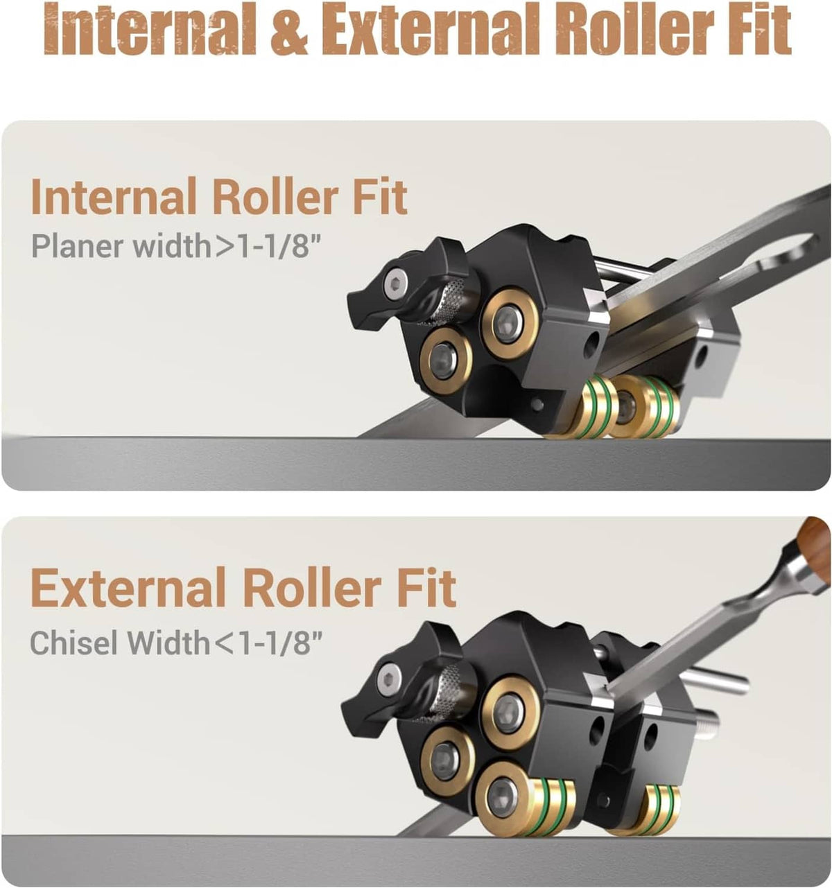 Roller honing guide with inner/outer roller fit for chisel and plane blades