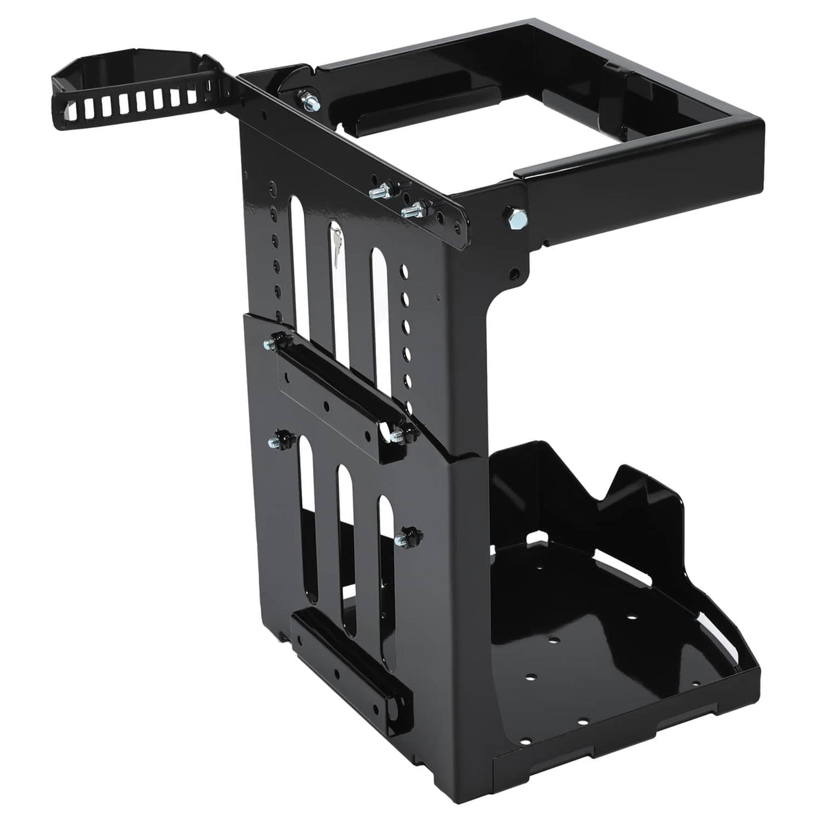 Black metal trailer rack stand with side rails and base platform