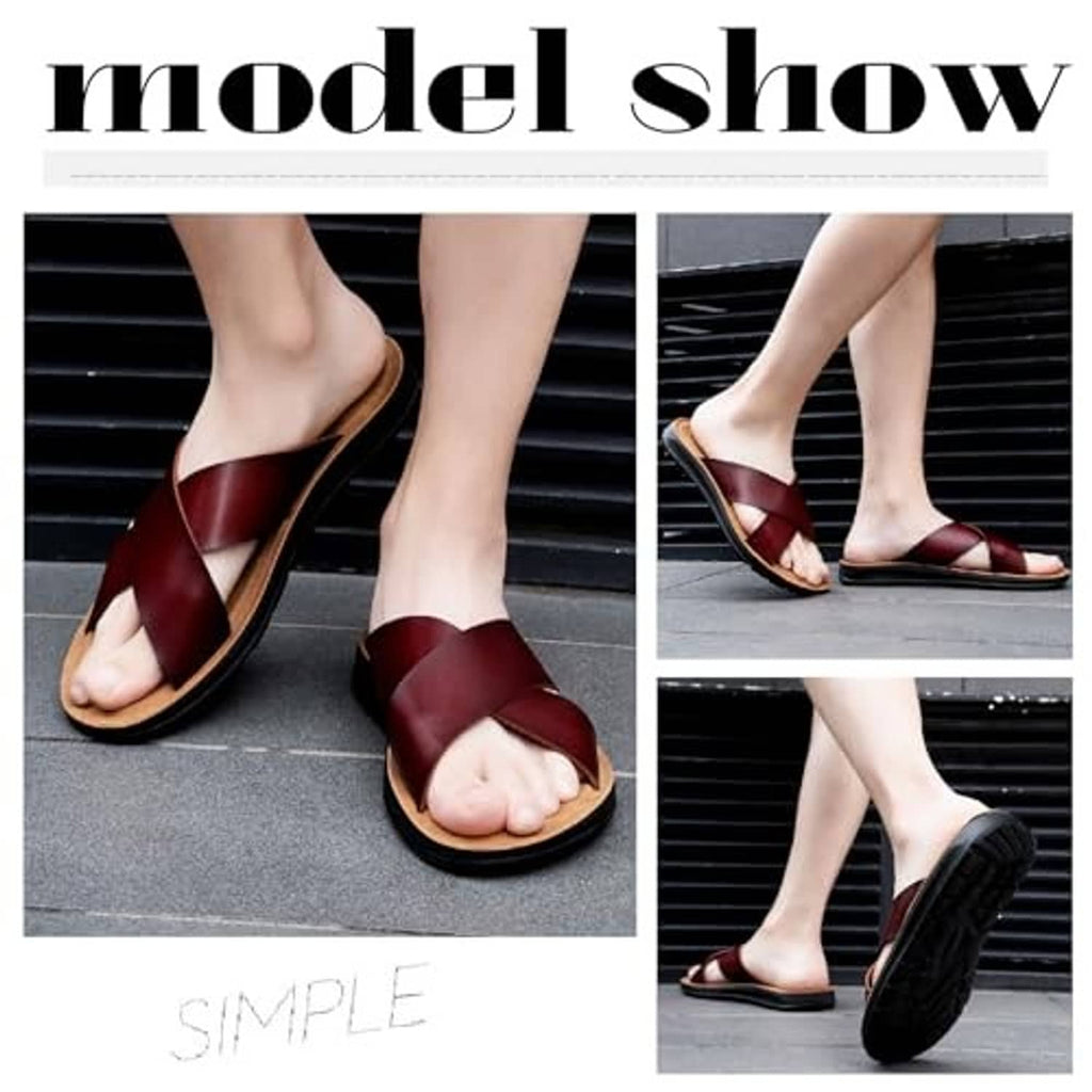 Brown leather open-toe slide sandals worn on feet with cushioned platform sole