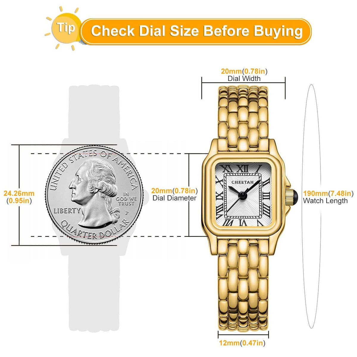 Gold-tone square wristwatch with white Roman numeral dial and linked bracelet band