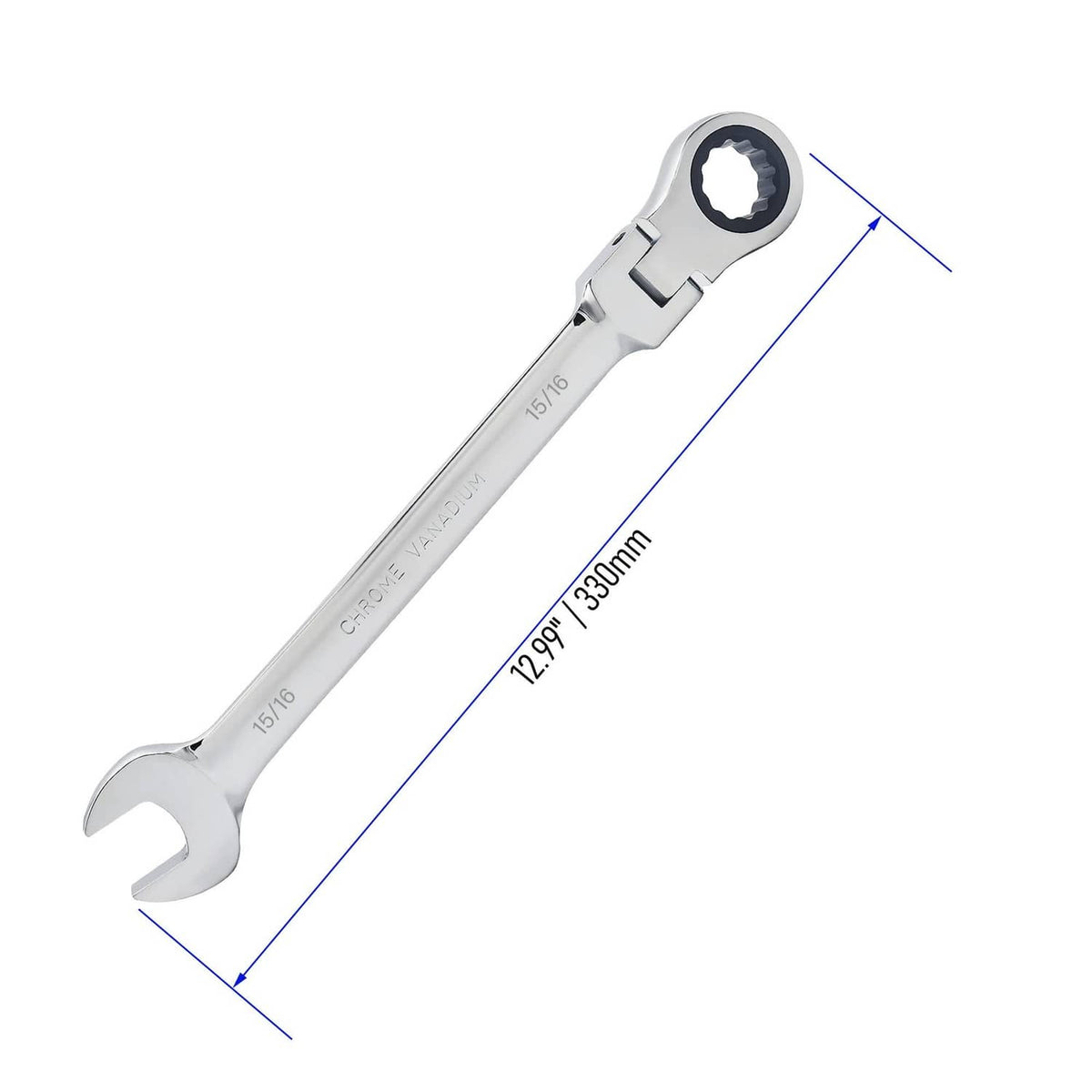 Flex-head ratcheting combination wrench, 15/16 in open end, silver