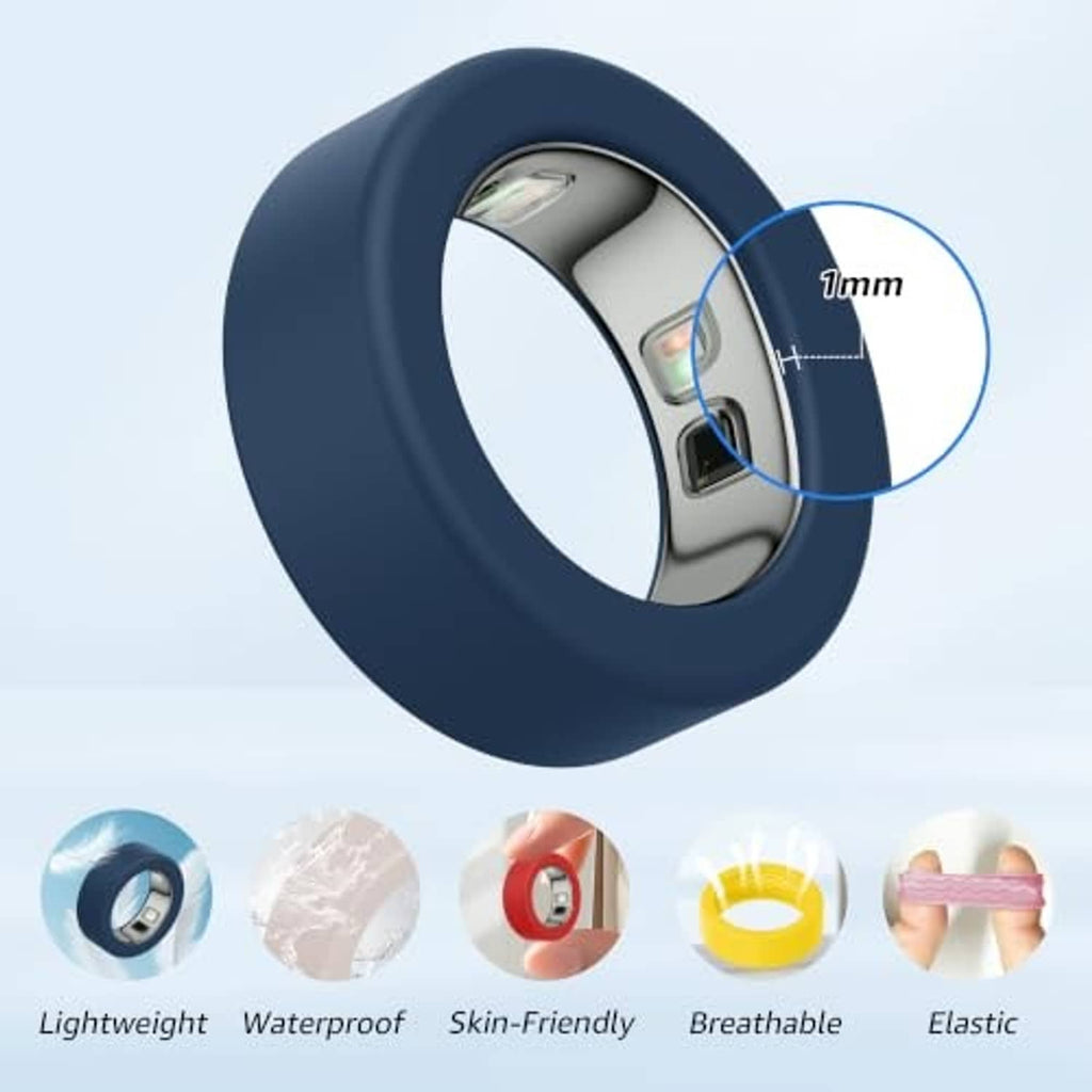 Dark blue silicone Oura ring cover with wavy texture, slim protective design