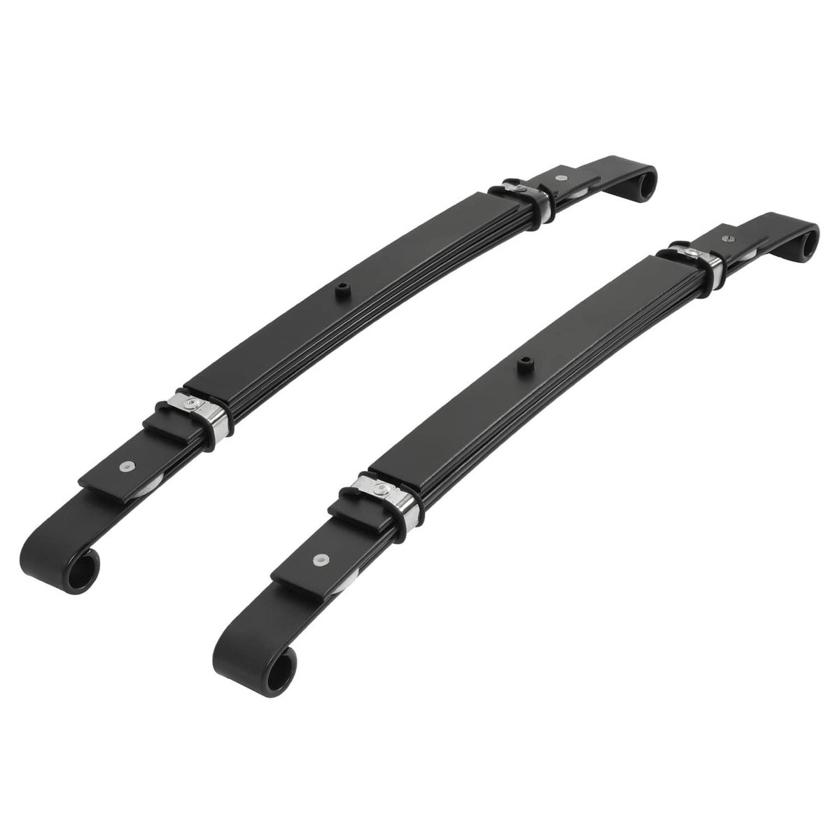 Two black 4-leaf rear leaf springs with end bushings and mounting plates