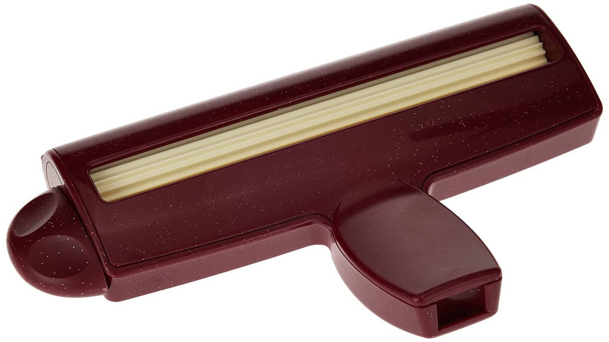 Handheld straight paper crimper with maroon housing and side roller openings