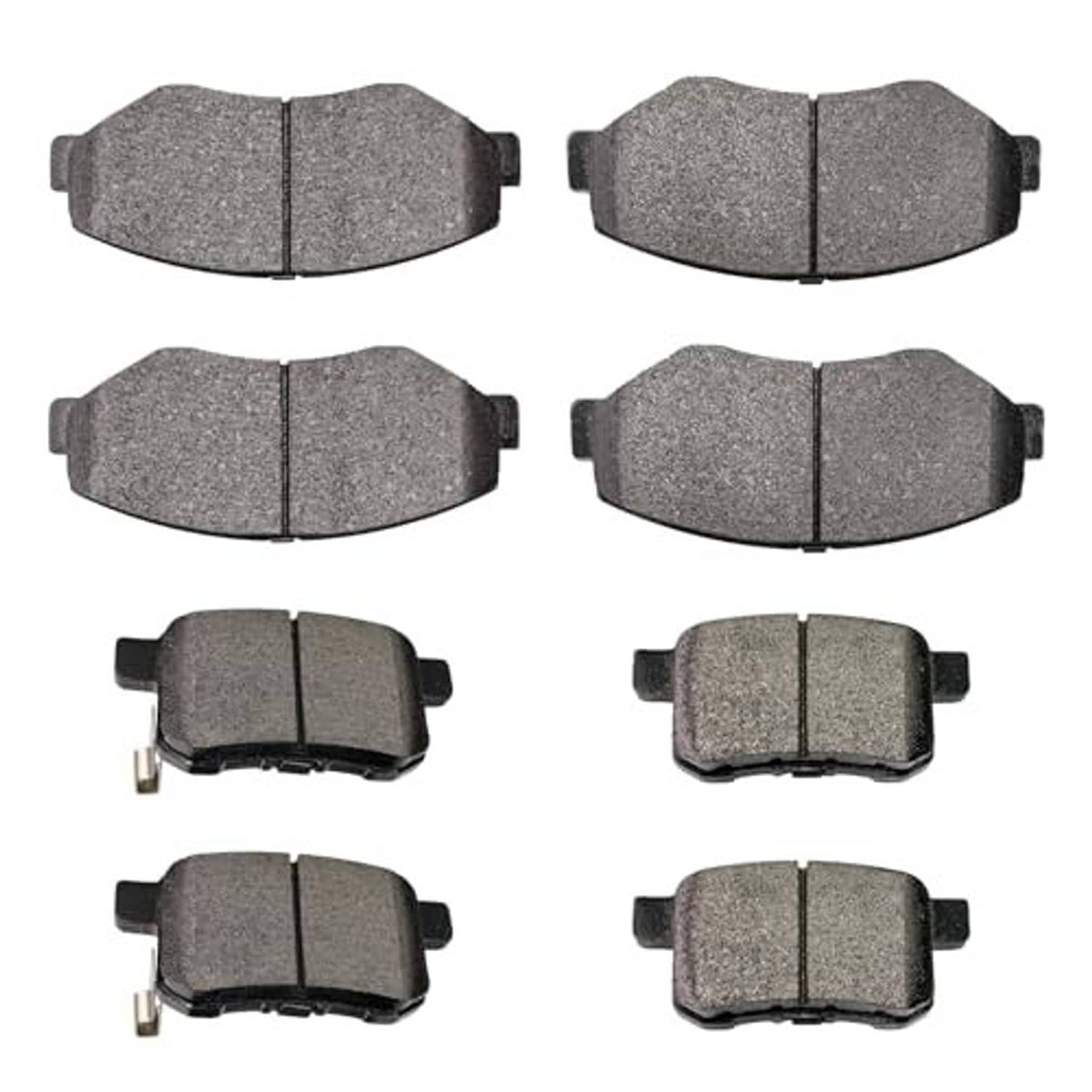 Ceramic disc brake pads set, multiple gray pad shapes with metal tabs