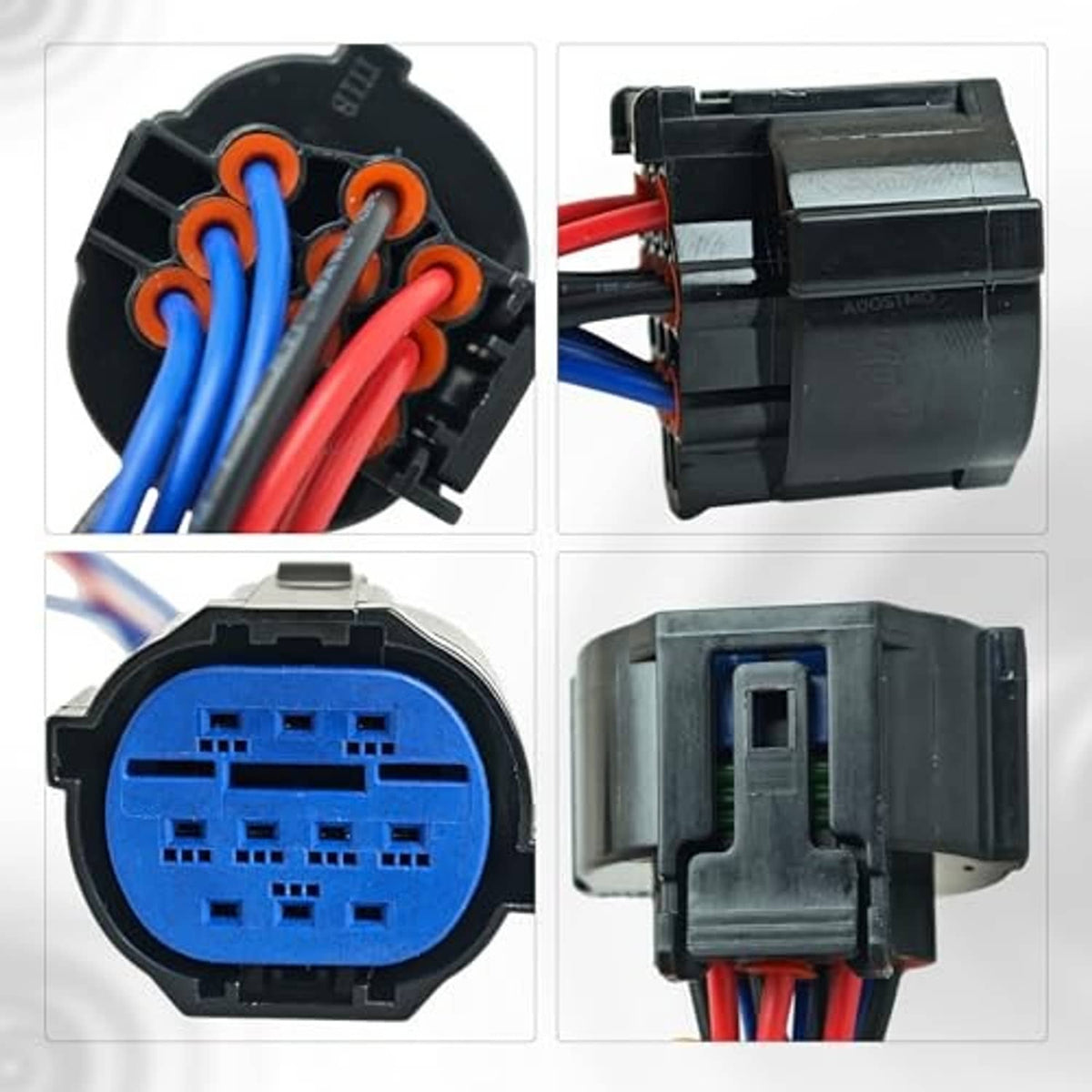 Headlight connector pigtail—blue face with orange latch detail and attached red/blue wiring
