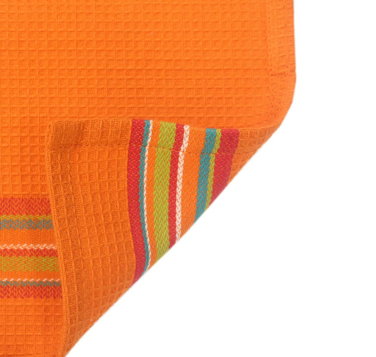 Orange cotton kitchen towel corner with multicolor stripe hem detail