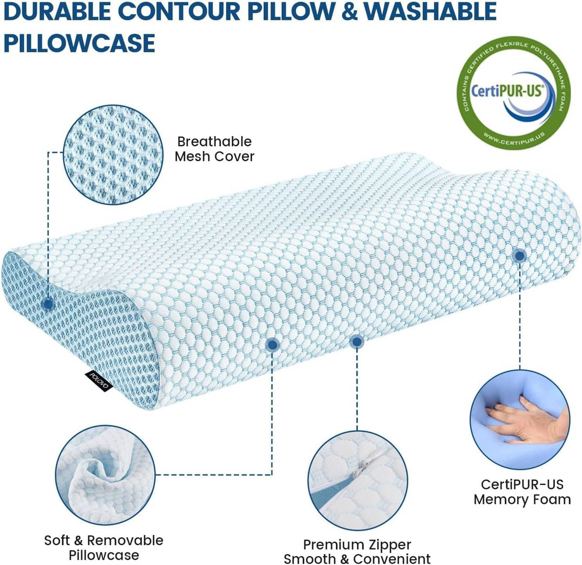 Light blue memory foam contour pillow with breathable mesh cover and zippered removable cover