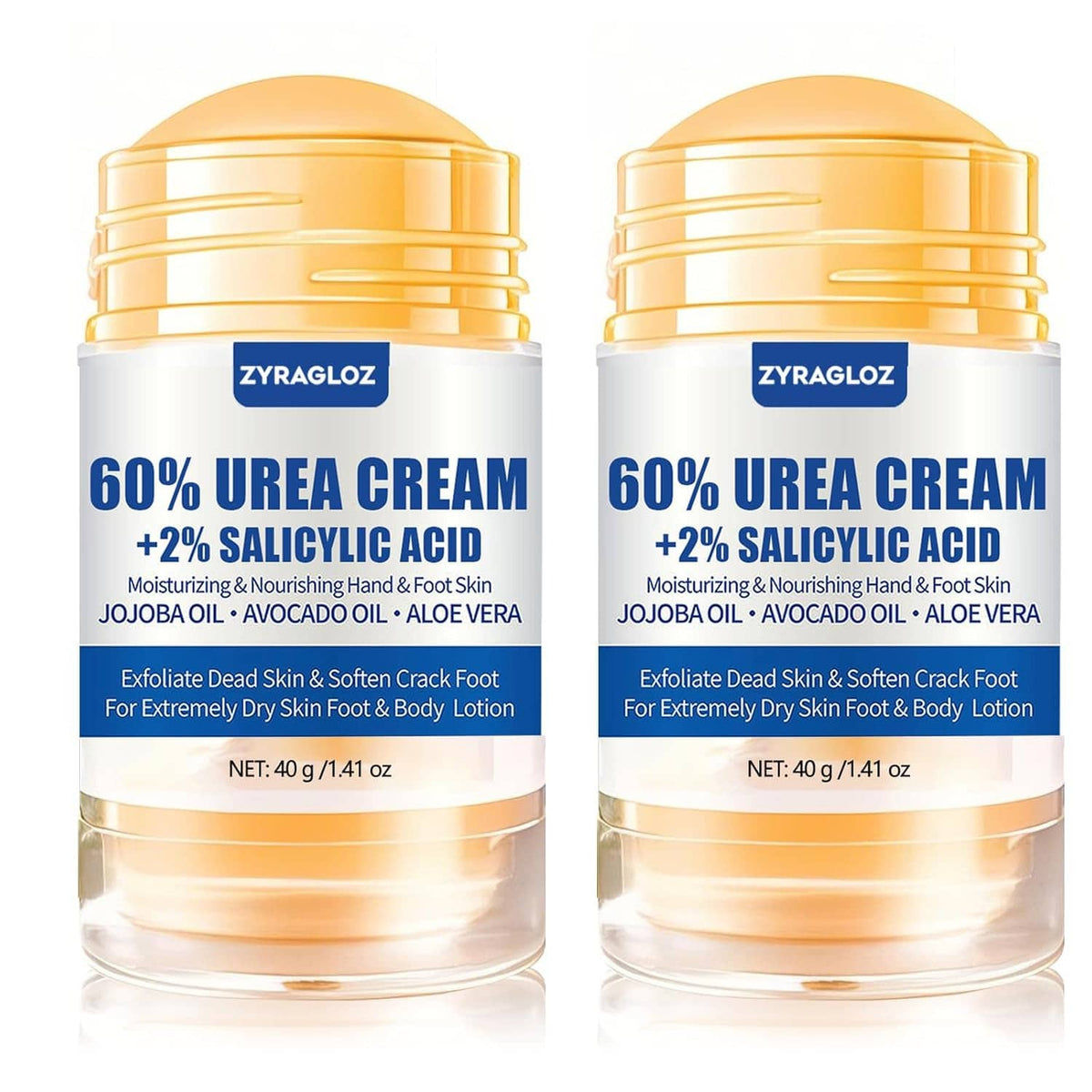 Two Urea cream jars with gold lids and blue label, 60% urea + 2% salicylic acid
