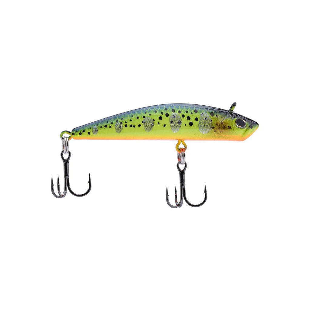 Berkley Finisher fishing lure, green-yellow spotted body, two treble hooks