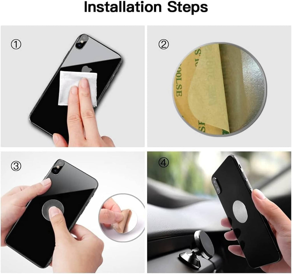 Installation steps showing metal plate placement on phone and car mount