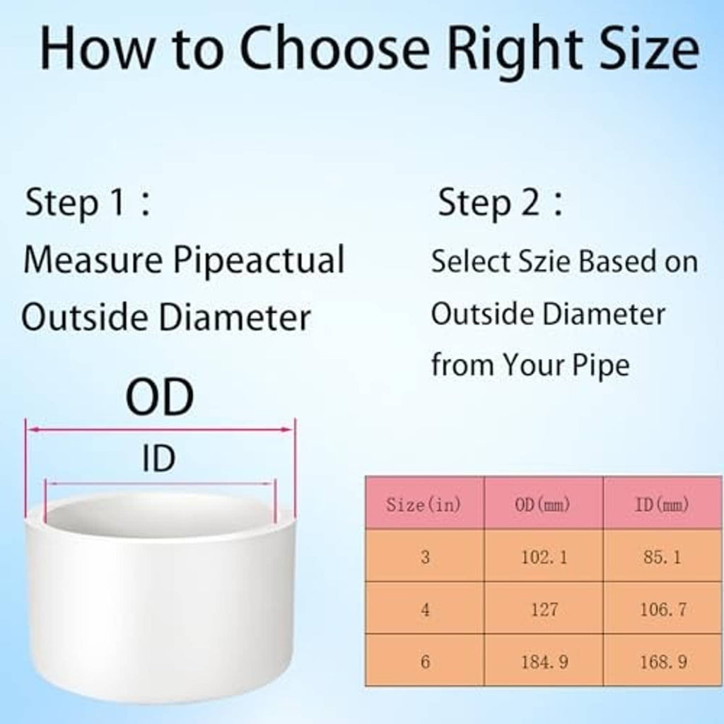 White PVC pipe end cap plug cross-section size diagram showing inner opening