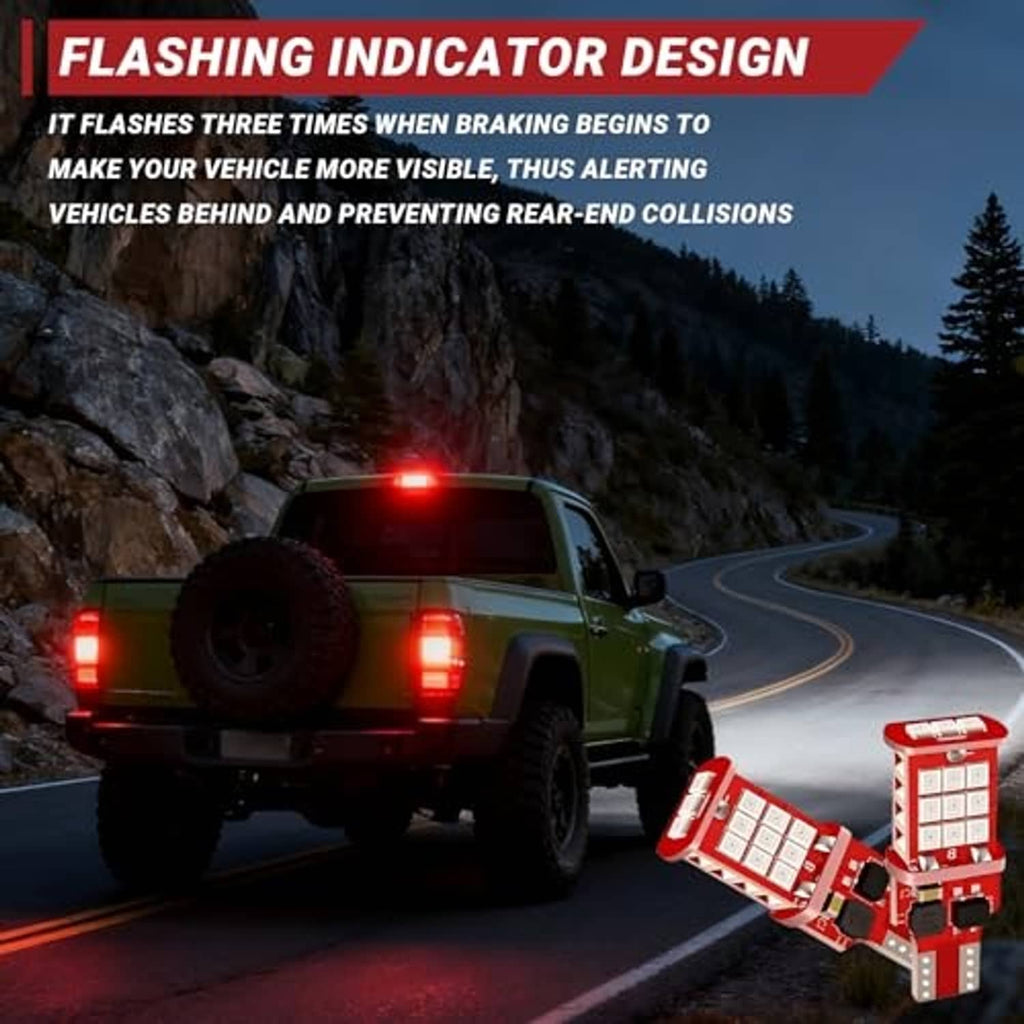 Red LED brake light bulb set flashing on a vehicle rear, visible stop light glow