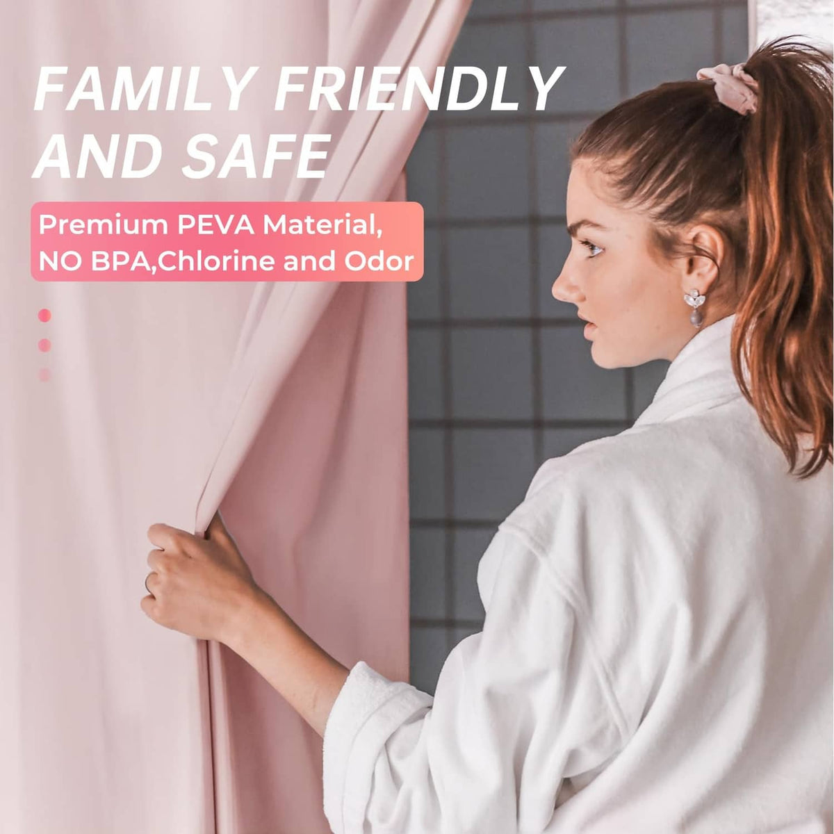 Light pink shower curtain panel held by person, smooth matte surface