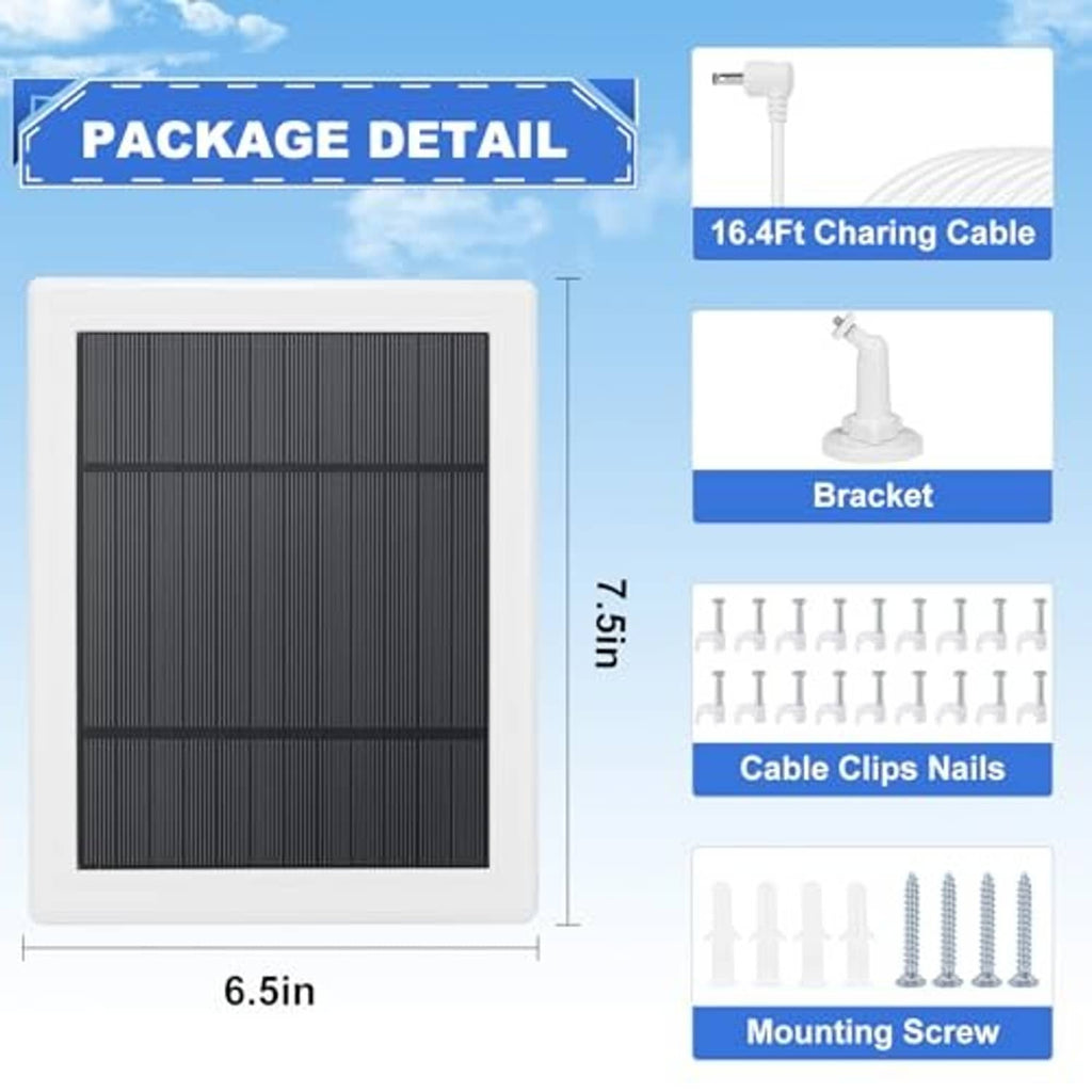 White solar panel package with bracket, charging cable, clips, and mounting screws