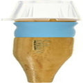 Gold pen nib holder with blue barrel and engraved logo on conical base