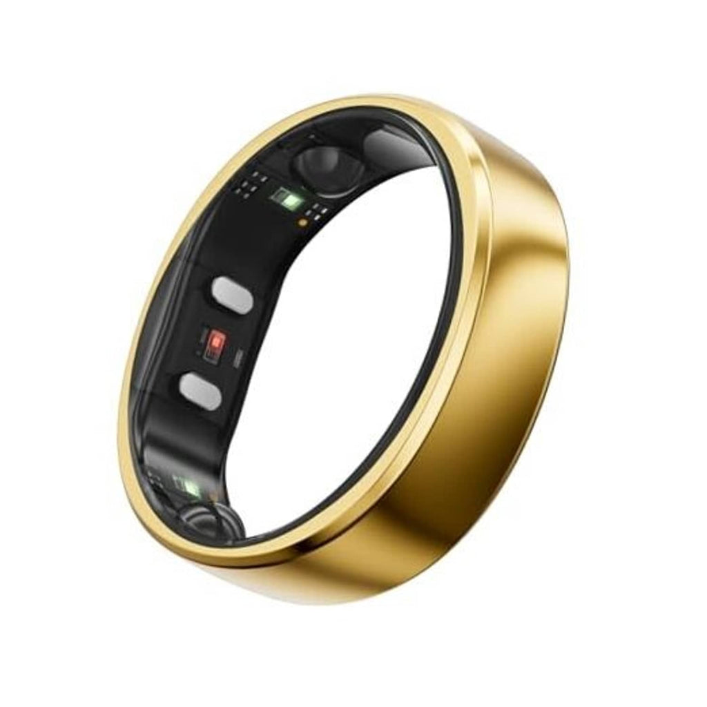 Royal gold smart ring with black inner band and visible sensor modules