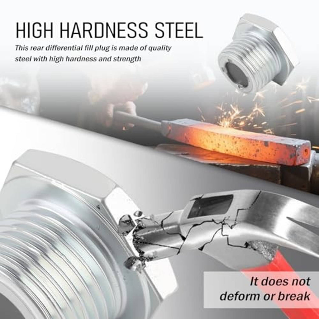 Steel rear differential drain plug with hex head and threaded exterior, silver