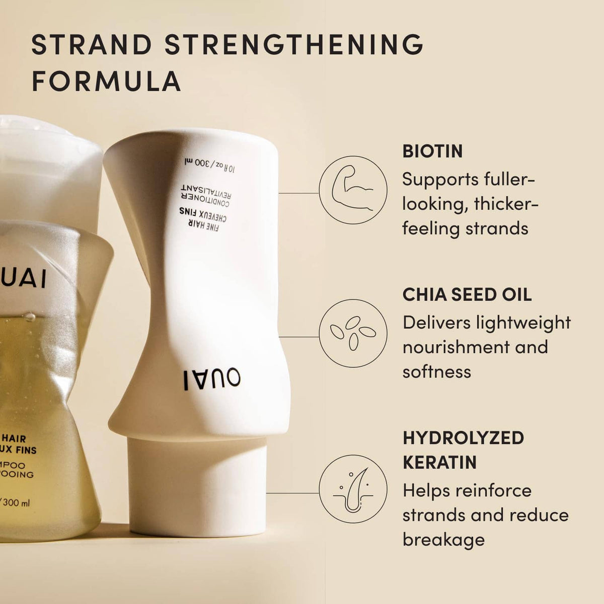 Fine hair shampoo and conditioner set with OUAI bottles, gold and white tall pumps.