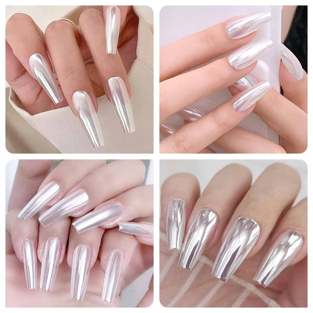 Chrome mirror manicure swatches on hands, long pointed glossy silver nails