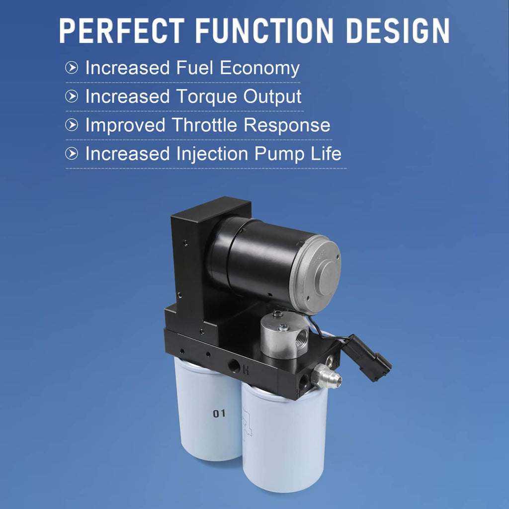 Diesel fuel lift pump system with black pump housing and two white filter canisters
