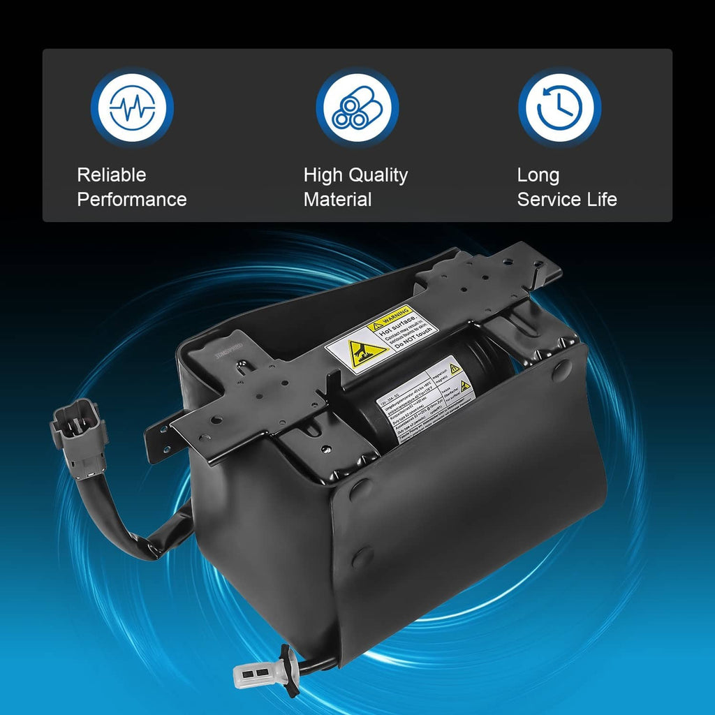 Black air suspension compressor pump with mounting plate and power wiring