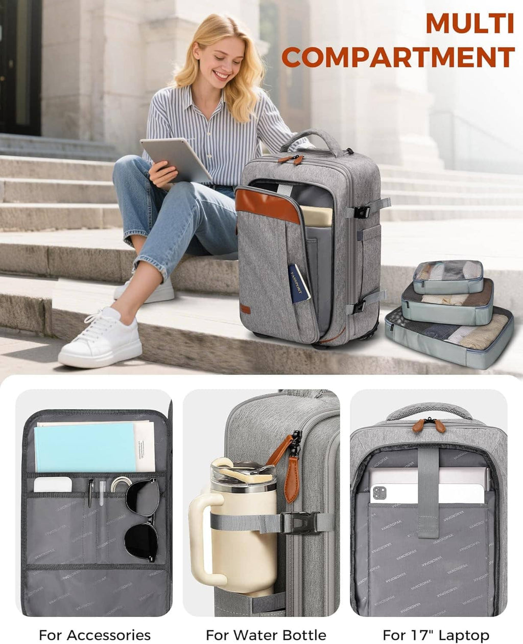 Gray wheeled travel backpack with multiple compartments, front organizer and carry-on handle
