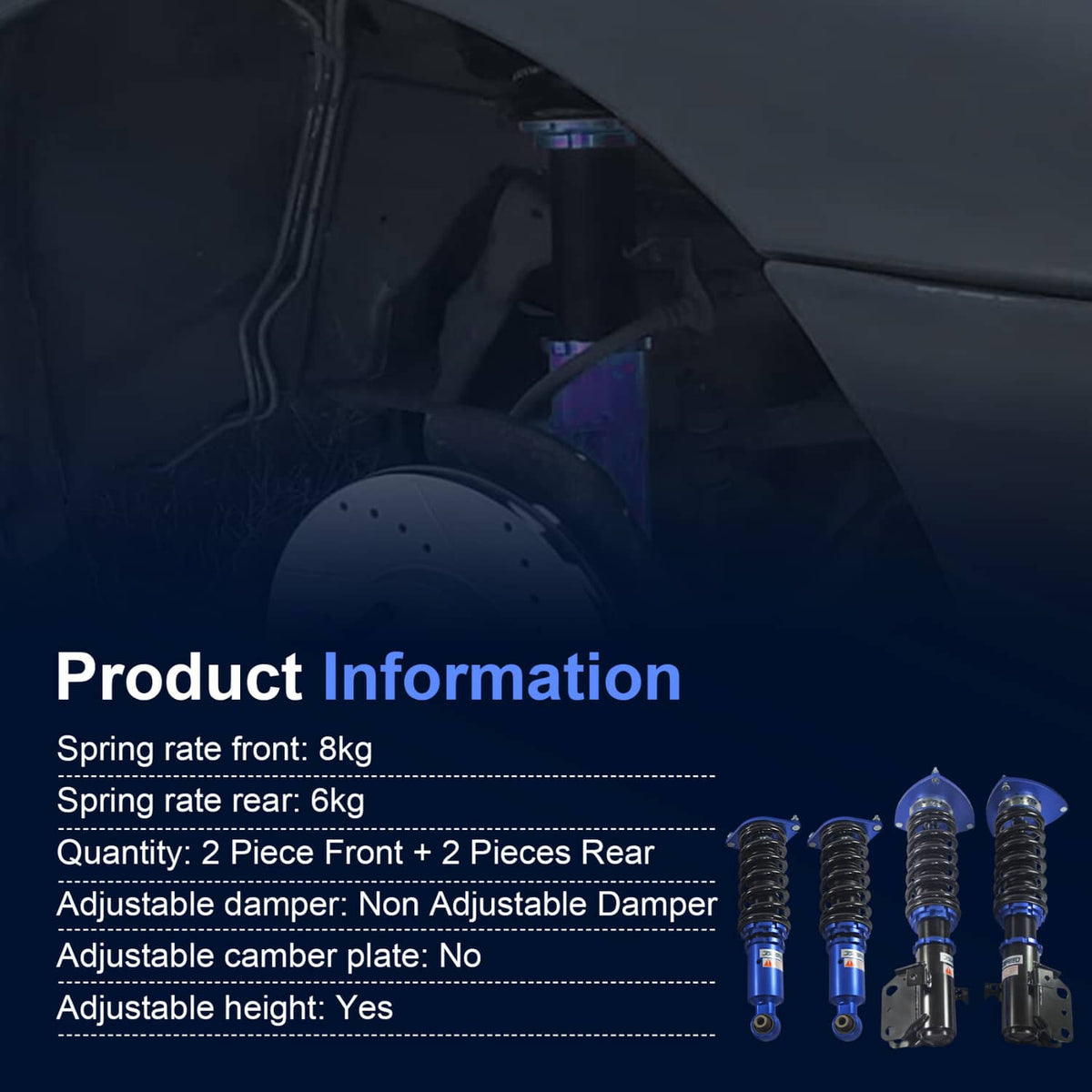 Blue and black coilover struts with visible springs shown on a dark product display