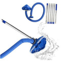 Blue pool vacuum suction head with ribbed brushes and flexible blue hose connection