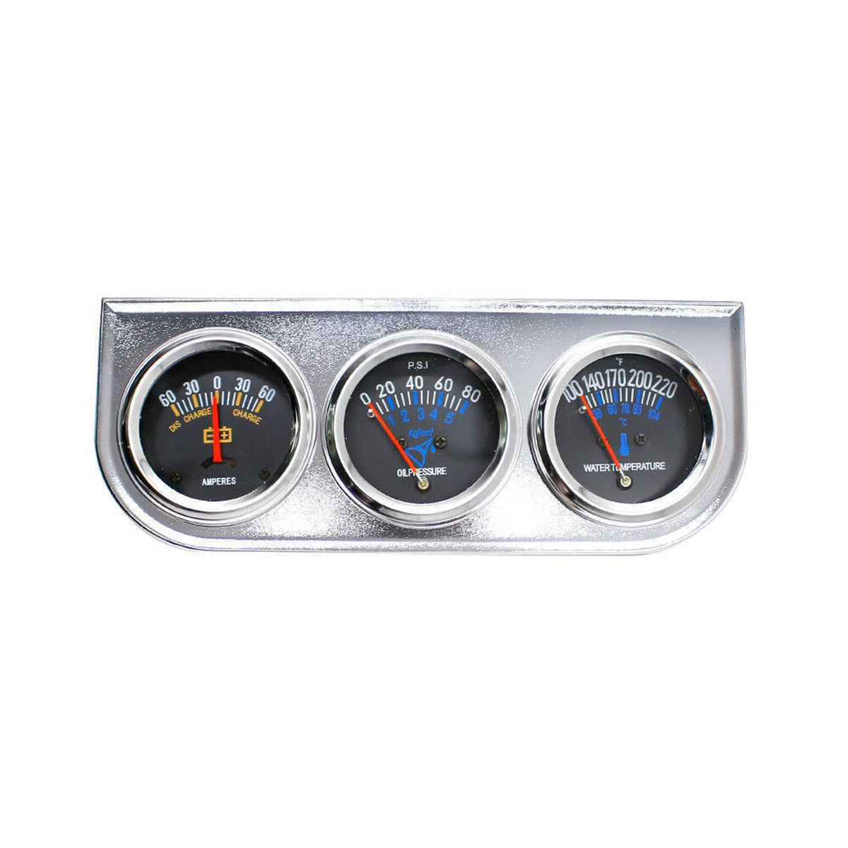 Triple car gauges with chrome bezels showing amps, oil pressure, and water temperature
