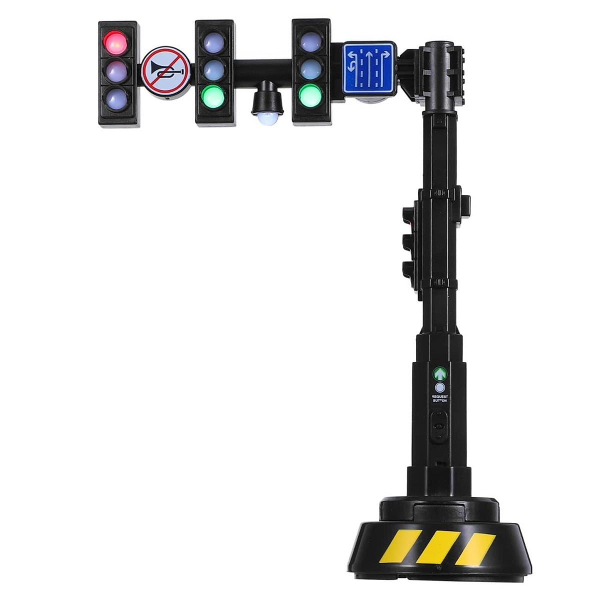 Black interactive traffic light model with red, yellow, and green signal lights on post