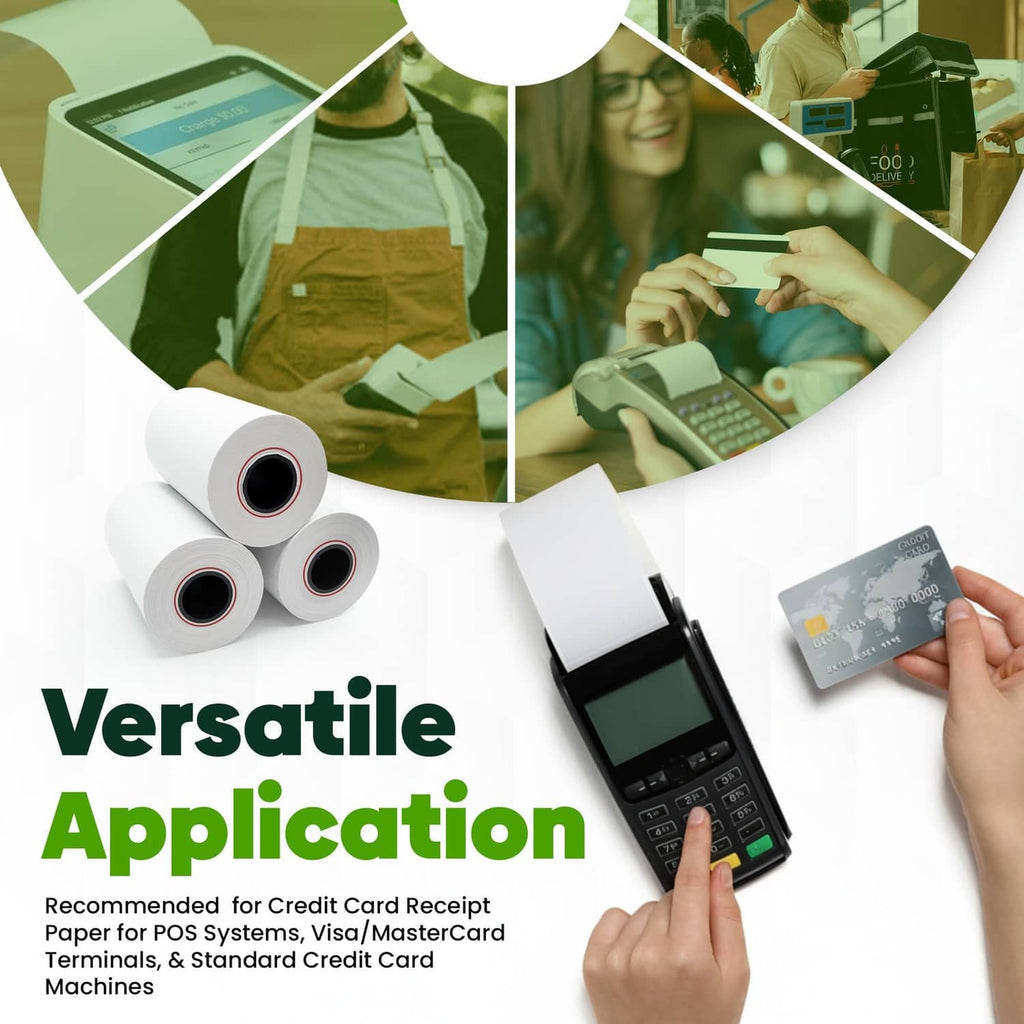 Thermal paper receipt rolls with a card payment terminal and card in hand