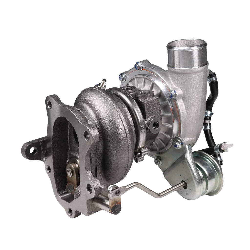 Metal turbocharger with compressor housing, inlet and outlet pipes, and mounting flange