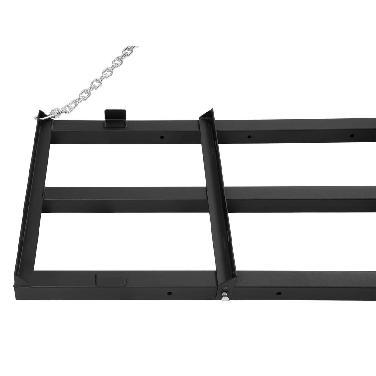 Black drag harrow frame with hinged support bar and silver chain tow connection
