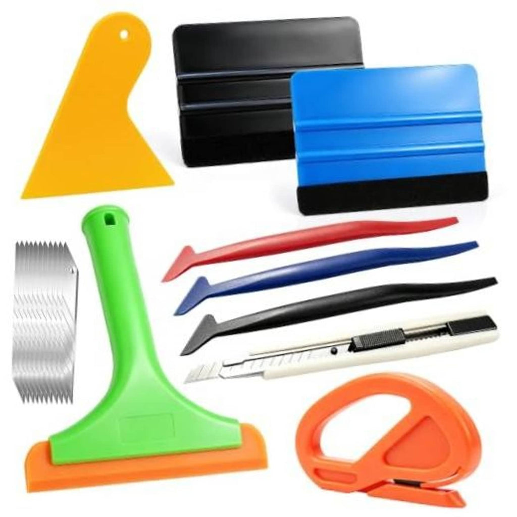 Vinyl wrap application tool kit with squeegees, scrapers, and cutting blades