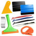 Vinyl wrap application tool kit with squeegees, scrapers, and cutting blades