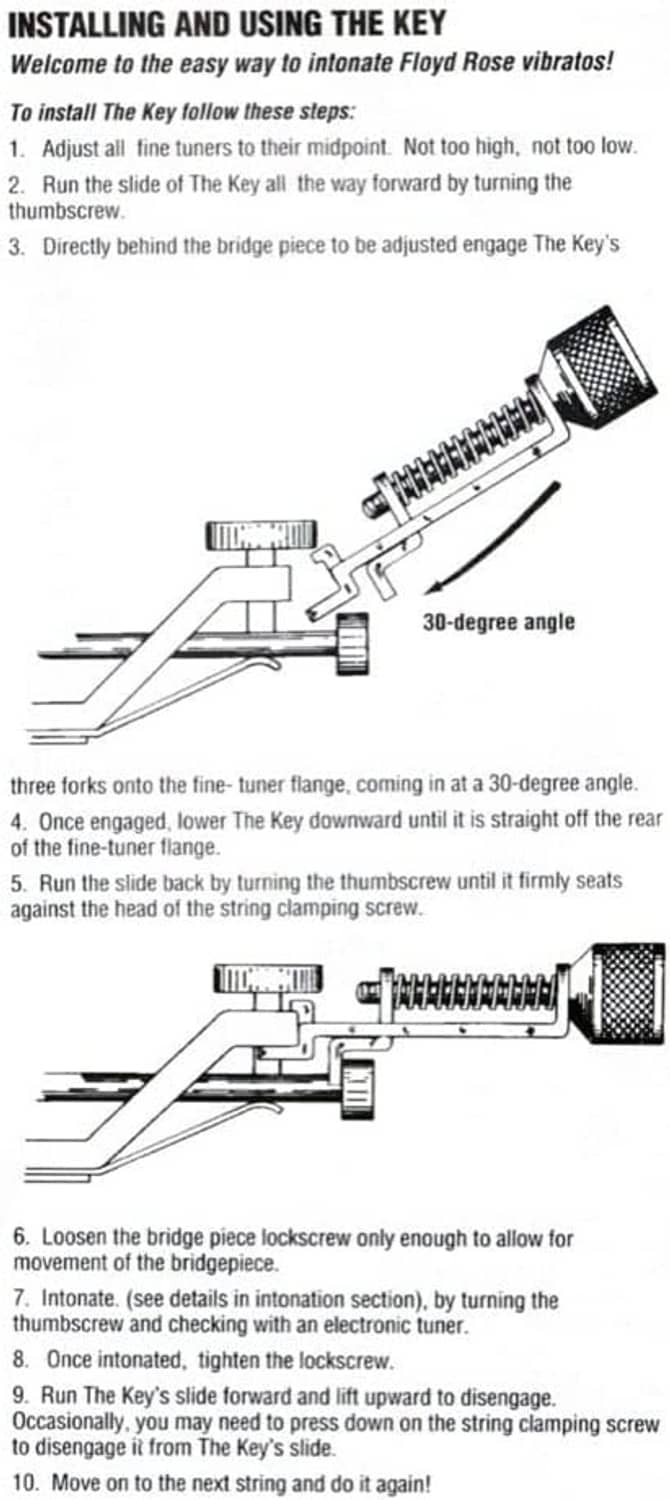 Floyd Rose intonation tool adjuster installation diagram with 30-degree angle guide
