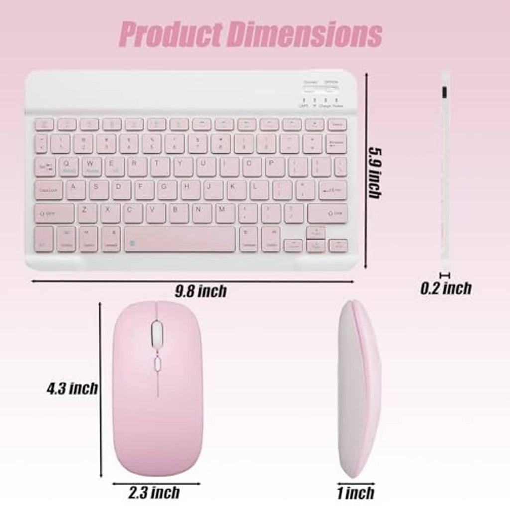 Pink keyboard case product dimensions with keyboard and wireless mouse size labels