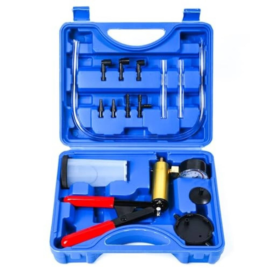 Brake bleeder vacuum pump kit with handheld pump, gauge, and adapters in blue case