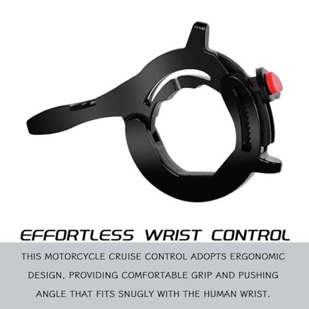Black throttle lock clamp with wide lever arms and red side control button