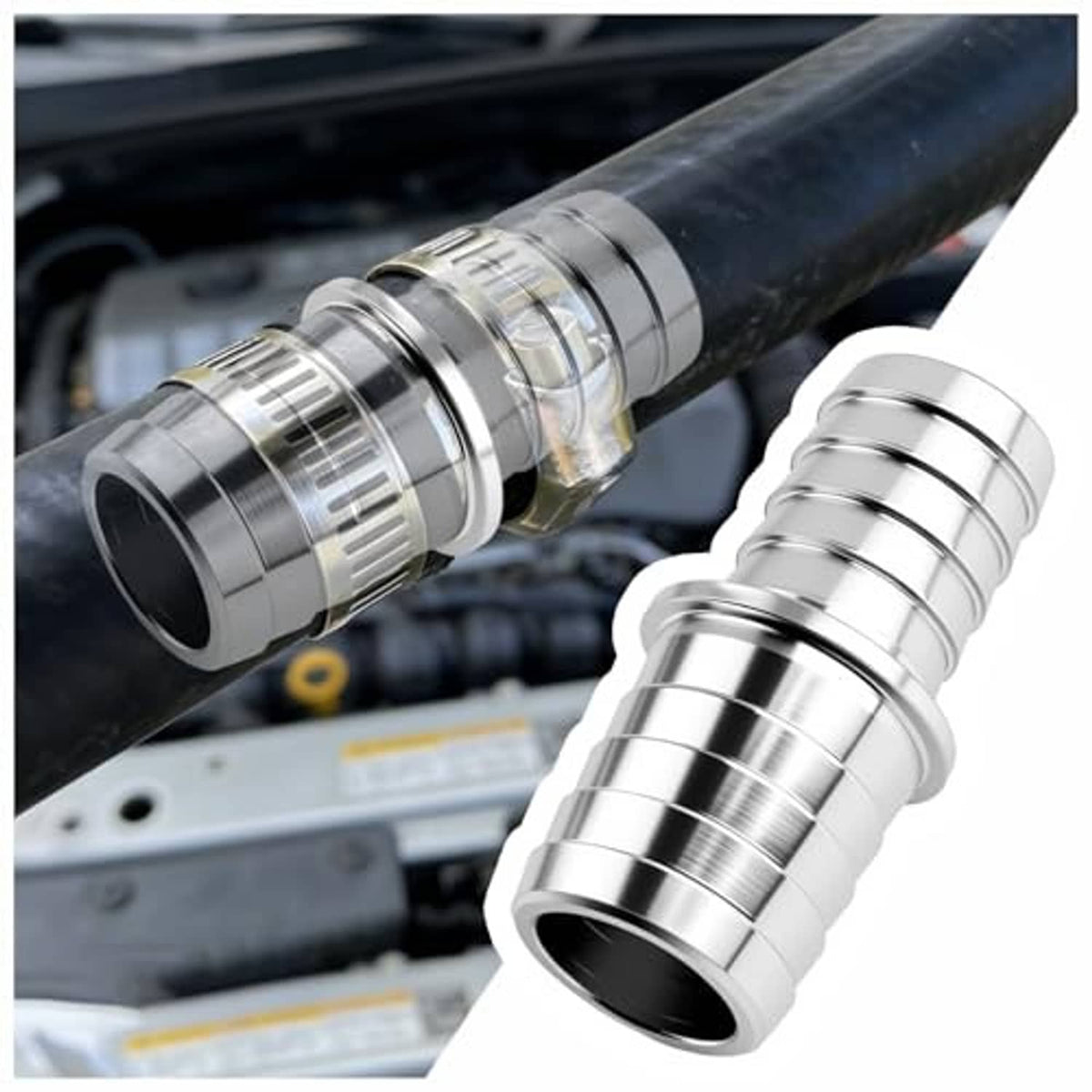 Aluminum radiator hose connector adapter with barbed ridges and polished metal finish