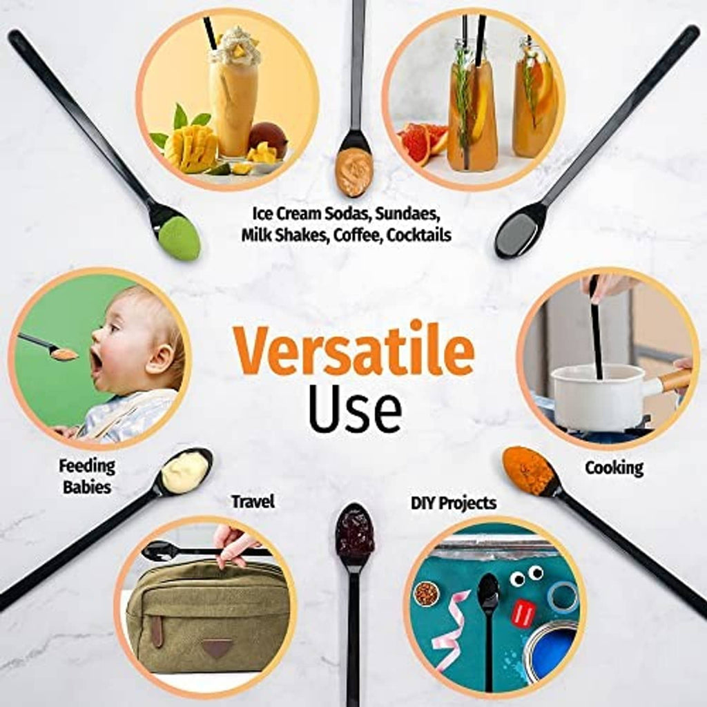 Long-handle disposable spoons laid out for versatile use, with small accessory scenes