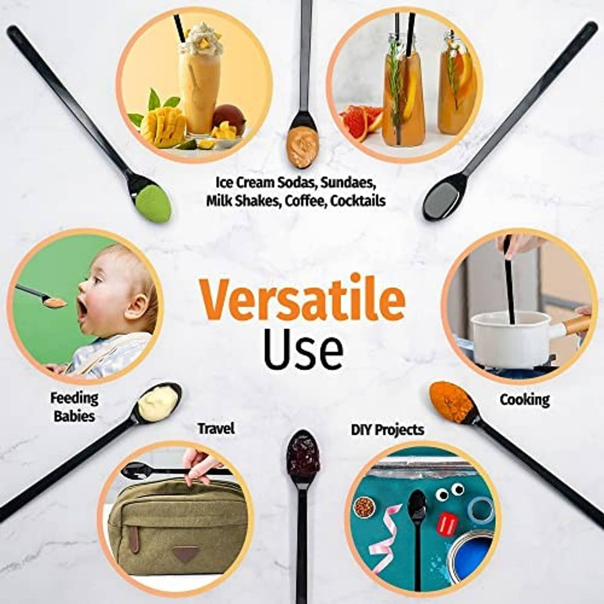 Long-handle disposable spoons laid out for versatile use, with small accessory scenes