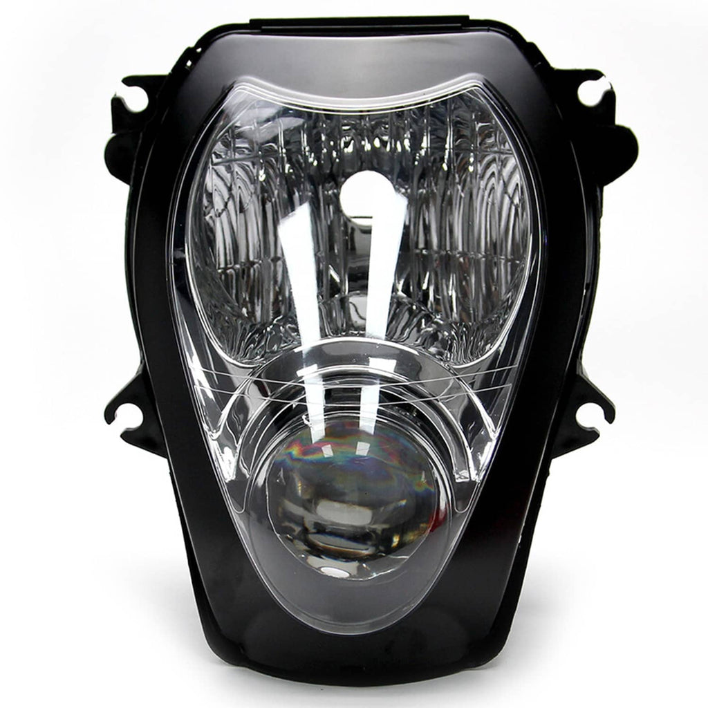 Motorcycle headlight assembly with clear lens and black mounting brackets