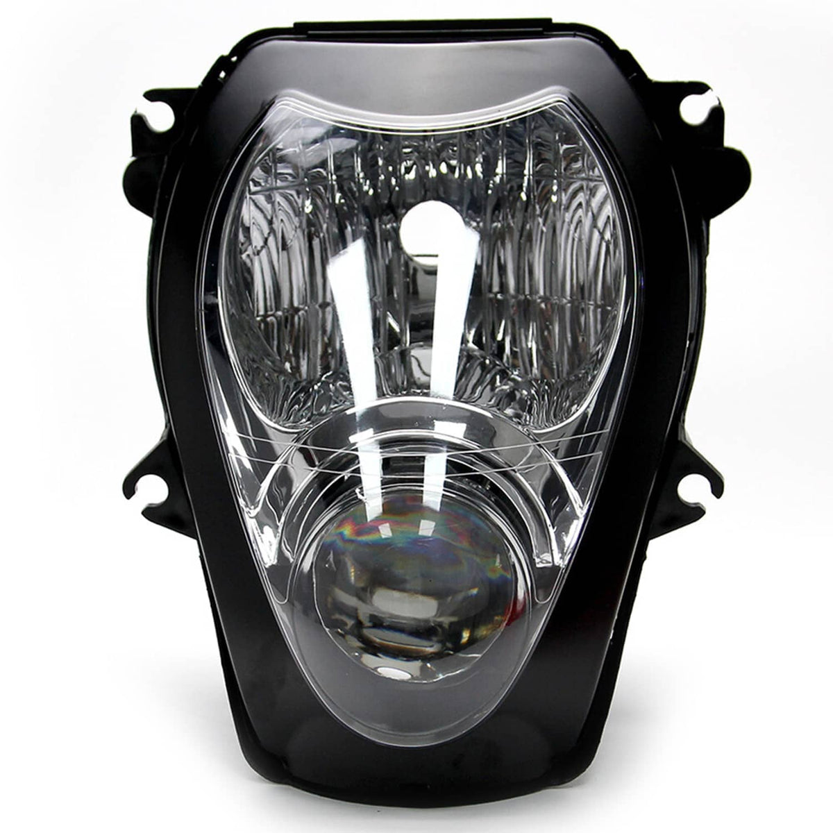 Motorcycle headlight assembly with clear lens and black mounting brackets