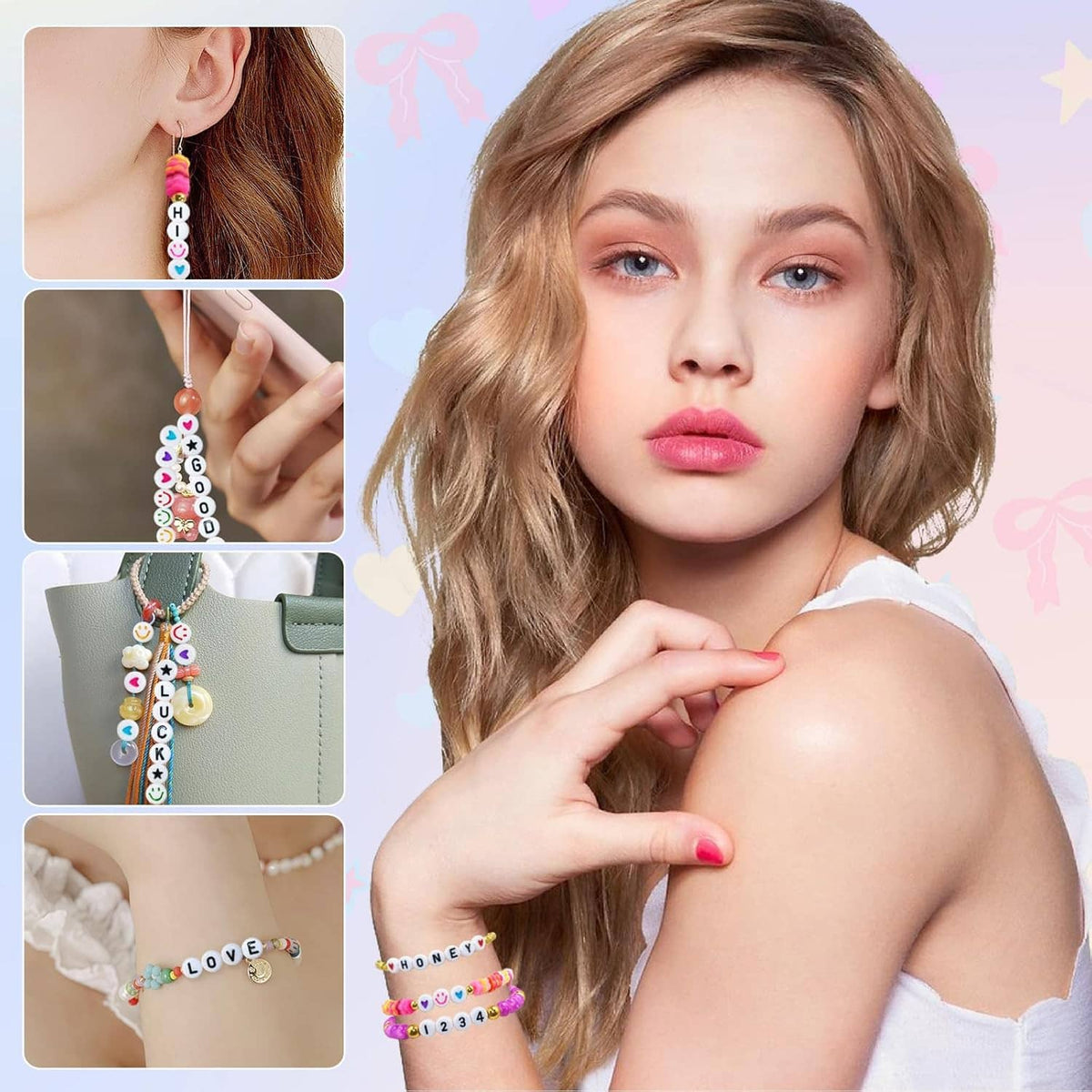 Colorful alphabet letter bead bracelets and necklace on model