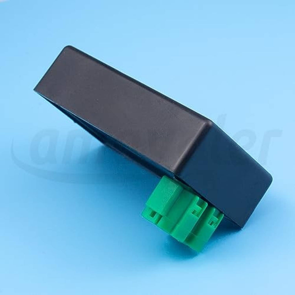 Black CDI module box with green two-pin connector on side