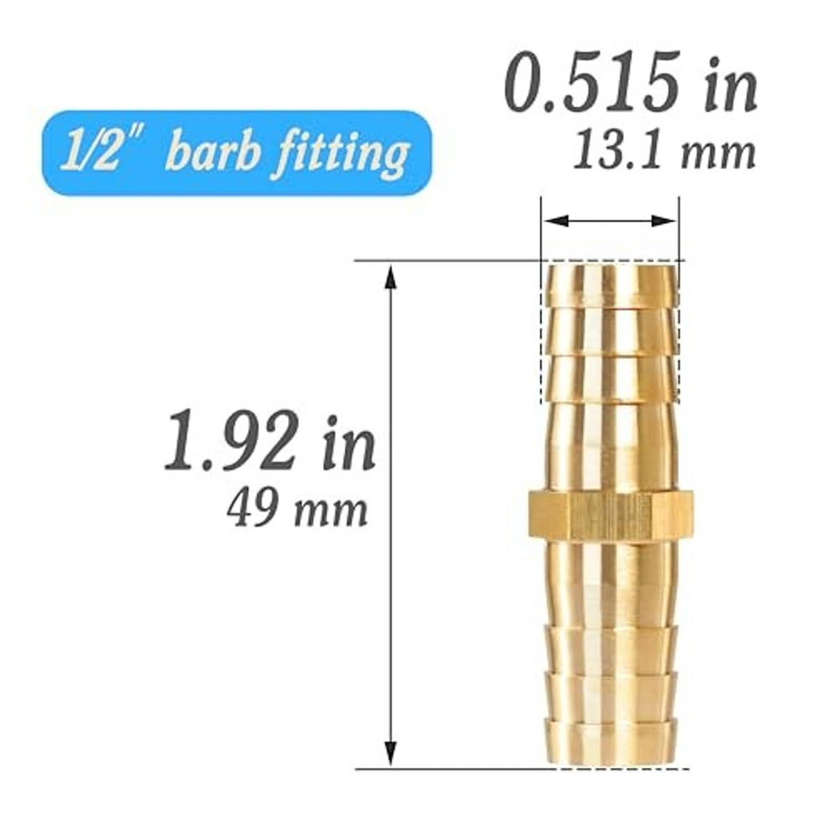 Brass hose barb fitting close-up with barbed ends and measurement diagram