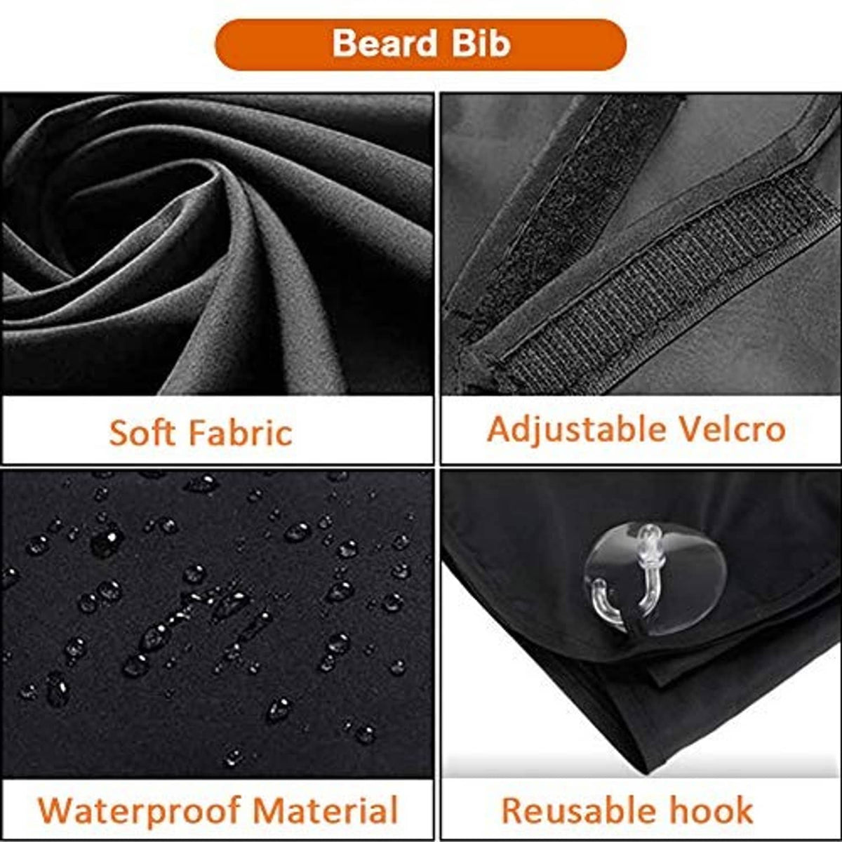 Black beard bib with soft waterproof fabric and adjustable Velcro strap