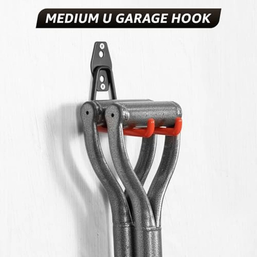 Medium U garage hook with black metal frame and orange bar